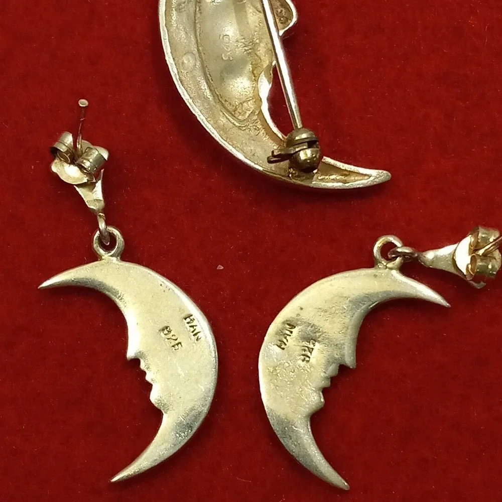 Crescent Sterling Silver  925 Set Of Earrings And Pendant-brooch - Picture 5 of 12